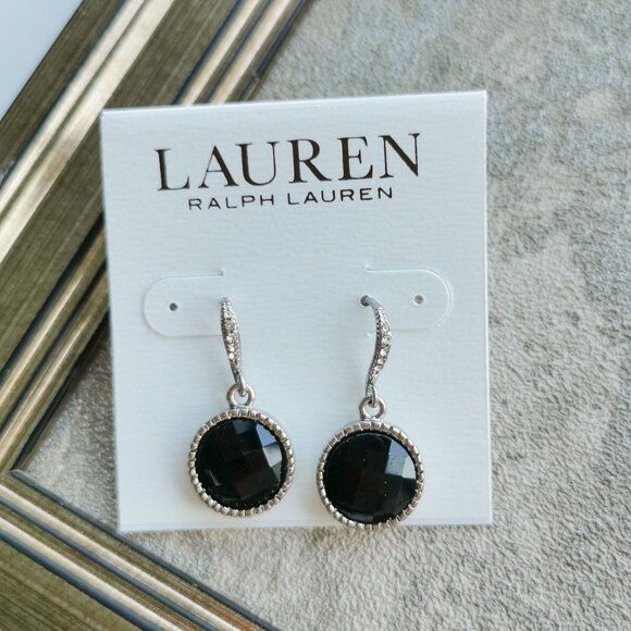 Lauren Ralph Lauren Black Faceted Earrings Silver Tone Elegant Classic - Picture 1 of 4